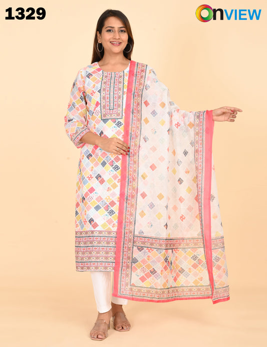 ONVIEW | 1329 | COTTON CHIKANKARI WORK WITH BORDER WITH DUPATTA